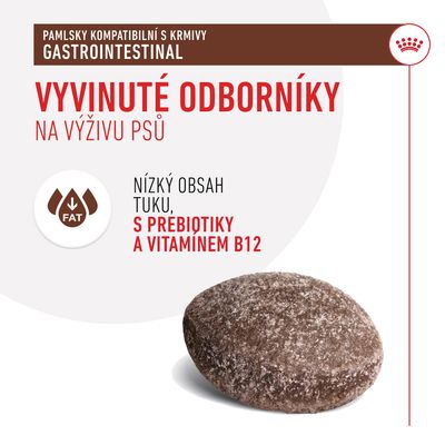 Pamlsky kompatibilní s krmivy Gastrointestinal. Vyvinuté odborníky na výživu psů. Nízký obsah tuku, s prebiotiky a vitaminem B12. Obrázek pamlsku.