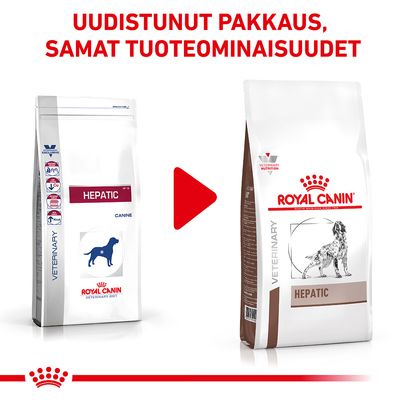 Royal Canin Hepatic -koiranruoan pakkaus muuttunut, tuoteominaisuudet ennallaan. Vasemmalla vanha ja oikealla uusi pakkaus, teksti: Uudistunut pakkaus, samat tuoteominaisuudet.
