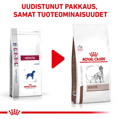 Royal Canin Hepatic -koiranruoan pakkaus muuttunut, tuoteominaisuudet ennallaan. Vasemmalla vanha ja oikealla uusi pakkaus, teksti: Uudistunut pakkaus, samat tuoteominaisuudet.