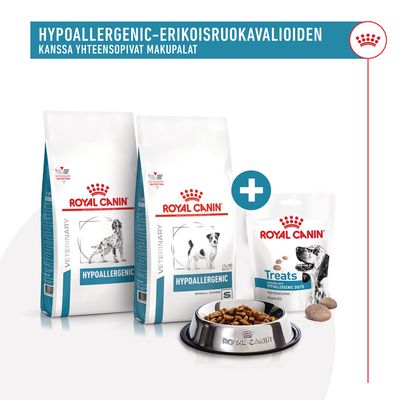 Royal Canin Hypoallergenic -koiranruokapakkaukset, makupalapussi ja metallinen ruokakuppi. Teksti: HYPOALLERGENIC-ERIKOISRUOKAVALIOIDEN kanssa yhteensopivat makupalat.