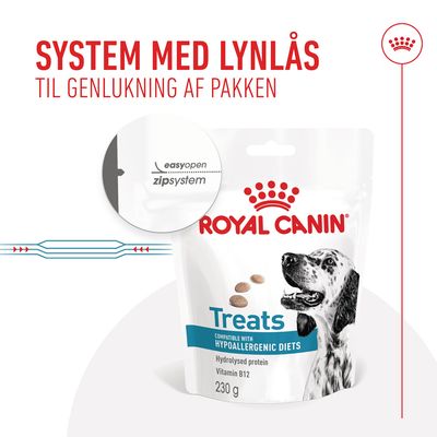 Royal Canin Treats, compatible with hypoallergenic diets, hydrolysed protein, vitamin B12, 230 g. System med lynlås til genlukning af pakken. easyopen zipsystem.