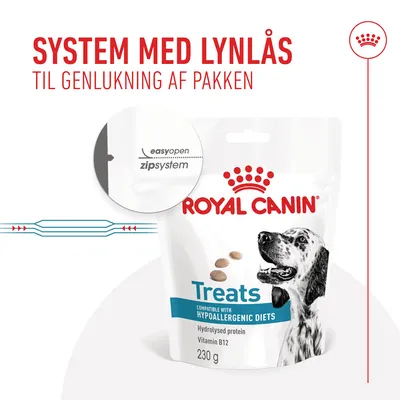 Royal Canin Treats, compatible with hypoallergenic diets, hydrolysed protein, vitamin B12, 230 g. System med lynlås til genlukning af pakken. easyopen zipsystem.