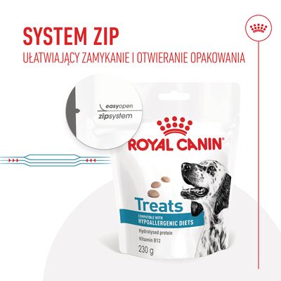 Royal Canin Treats 230 g z systemem zip ułatwiającym zamykanie i otwieranie opakowania. Widoczny napis: easyopen zipsystem, kompatybilne z hypoallergenic diets.