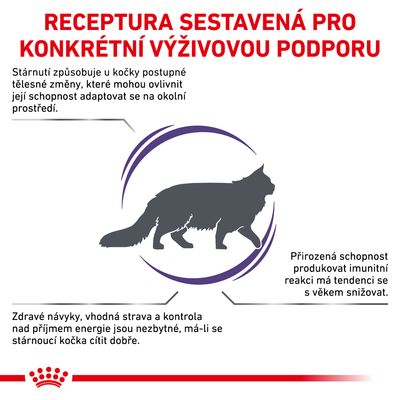 Receptura sestavená pro konkrétní výživovou podporu. Informace o stárnutí koček, změnách těla, imunitě a důležitosti zdravých návyků a stravy. Silueta kočky uprostřed.