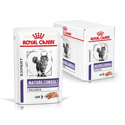Plic și cutie Royal Canin Expert Mature Consult Balance Loaf, imagine cu pisică și bucăți de hrană umedă. Text vizibil: MATURE CONSULT, BALANCE, LOAF.