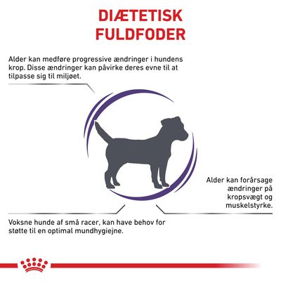 DIÆTETISK FULDFODER. Alder kan medføre progressive ændringer i hundens krop og påvirke tilpasningsevne, kropsvægt, muskelstyrke. Små racer kan have behov for støtte til mundhygiejne.