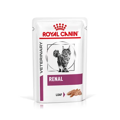 ROYAL CANIN VETERINARY RENAL LOAF kapsička pre mačky, obrázok mačky a porcie paštéty na obale