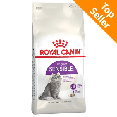 ROYAL CANIN Regular SENSIBLE 33, crocchette per gatti adulti sensibili. Testo visibile: 'Optimal Digestion', 'High Palatability'. Etichetta arancione: Top Seller. ROYAL CANIN Regular SENSIBLE 33, crocchette per gatti adulti sensibili. Testo visibile: 'Optimal Digestion', 'High Palatability'. Etichetta arancione: Top Seller.