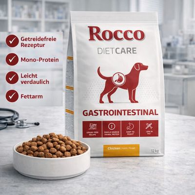 Rocco Diet Care Gastrointestinal Hundefutter, Rezept mit Huhn, getreidefrei, leicht verdaulich, fettarm, 1 kg Packung.