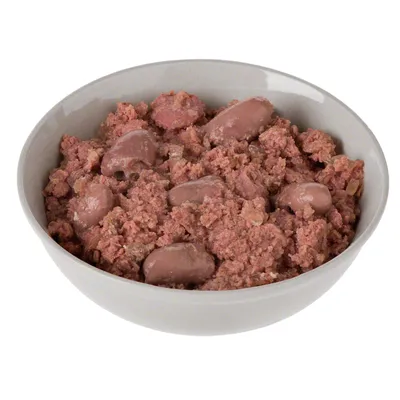Skål med röd våtfoder, synliga köttbitar och inälvor.