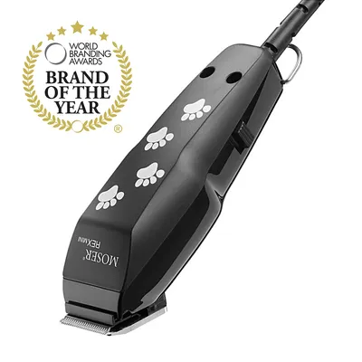 Maszynka MOSER REX MINI z motywem łapek. Widoczny napis: World Branding Awards Brand of the Year.