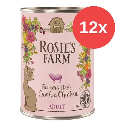 Lata de comida para gatos Rosie’s Farm Farmer’s Hash Lamb & Chicken, Adult, receta sin cereales, 400 g. Pack de 12 unidades indicado por círculo rojo con texto '12x'.