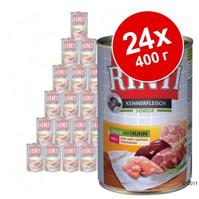 24 банки по 400 г Rinti Kennerfleisch Senior с курицей, изображены кусочки мяса и надписи: SENIOR MIT HUHN, noch mehr natürliche Fleischstücke.
