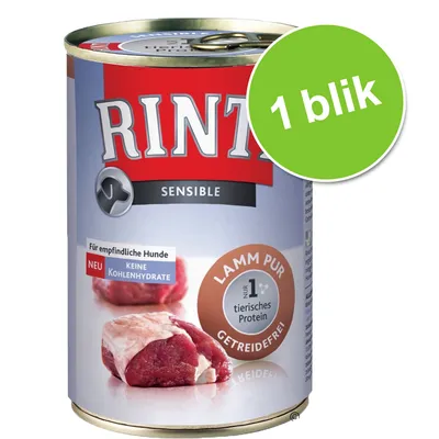 RINTI Sensible Lamm Pur, 1 blik. Tekst op het blik: Für empfindliche Hunde, keine Kohlenhydrate, getreidefrei, Nr. 1 tierisches Protein. RINTI Sensible Lamm Pur, 1 blik. Tekst op het blik: Für empfindliche Hunde, keine Kohlenhydrate, getreidefrei, Nr. 1 tierisches Protein.