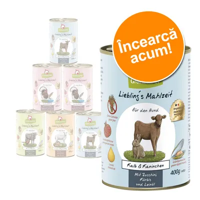 Conservă GranataPet Liebling's Mahlzeit für den Hund, Kalb & Kaninchen, 400g. Text vizibil: 'Ohne Getreide', 'Granatapfelkerne', 'Leinöl'. Etichetă portocalie: 'Încearcă acum!'.