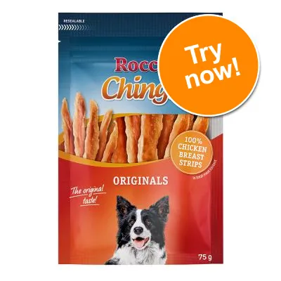 Rocco Chings Originals 100% Chicken Breast Strips, 75g pack with resealable label. Orange badge reads: Try now! The original taste! Visible image of a black and white dog.