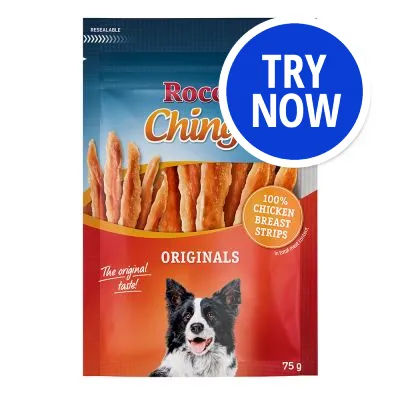 Button with text 'Try Now' over product packaging showing 100% chicken breast strips, originals, 75g. Resealable pack and original taste indicated.