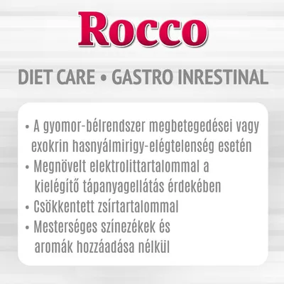 Rocco DIET CARE GASTRO INTESTINAL: gyomor-bélrendszeri betegségek, exokrin hasnyálmirigy-elégtelenség, megnövelt elektrolit, csökkentett zsír, mesterséges színezékek és aromák nélkül.