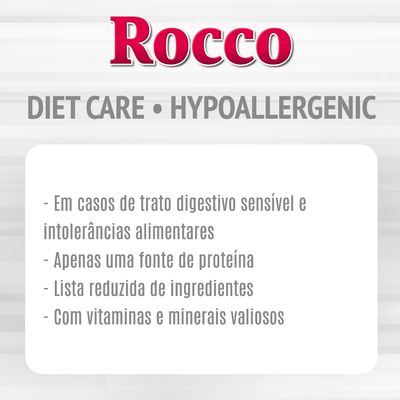 Rocco DietCare Hipoalergénico, fonte única de proteína animal, cordeiro com abóbora, lata de 400g.