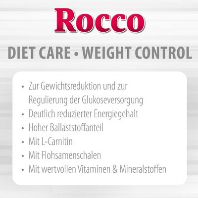 Rocco Diet Care Weight Control. Zur Gewichtsreduktion und Regulierung der Glukoseversorgung, reduzierter Energiegehalt, hoher Ballaststoffanteil, mit L-Carnitin, Flohsamenschalen, Vitaminen & Mineralstoffen.