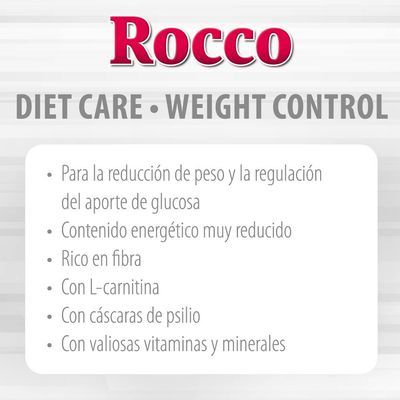 Rocco Diet Care Weight Control: para la reducción de peso y regulación de glucosa, contenido energético muy reducido, rico en fibra, L-carnitina, cáscaras de psilio, vitaminas y minerales.