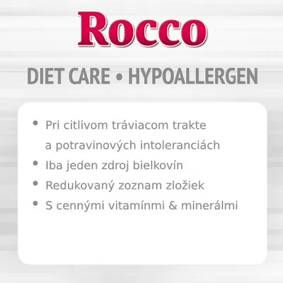 Rocco DIET CARE HYPOALLERGEN: Pri citlivom tráviacom trakte a potravinových intoleranciách, iba jeden zdroj bielkovín, redukovaný zoznam zložiek, s vitamínmi a minerálmi.