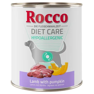 Conservă Rocco Diet Care Hypoallergenic, imagine cu carne de miel și dovleac, text vizibil: Lamb with pumpkin, Die Fleischmahlzeit, Lamm mit Kürbis, Agneau au potiron.