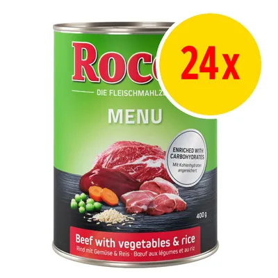 Rocco MENU Beef with vegetables & rice, 400 g säilyketölkki. Pakkausmerkintä: Enriched with carbohydrates. 24x monipakkaus näkyvissä keltaisella ympyrällä.