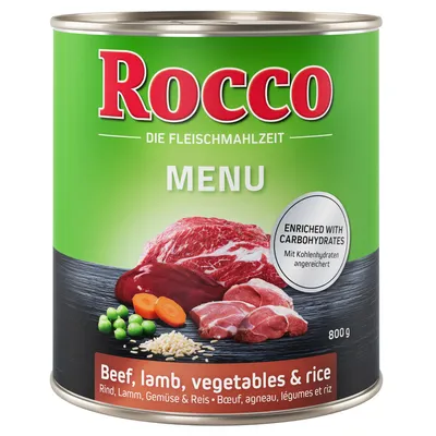 Rocco MENU, 800 g. Widoczne składniki: wołowina, jagnięcina, warzywa, ryż. Tekst: Beef, lamb, vegetables & rice; ENRICHED WITH CARBOHYDRATES.