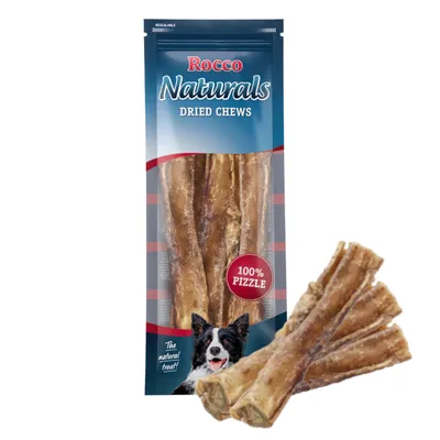 Rocco Naturals Dried Chews, 100% Pizzle. The natural treat! Verpackung mit getrockneten Kausnacks und Abbildung der Snacks daneben.