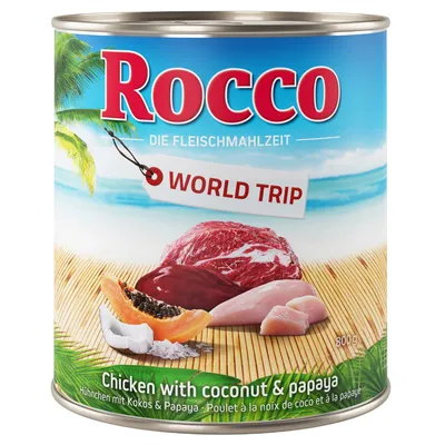 Lata de comida para perros Rocco World Trip, 800 g. Chicken with coconut & papaya. Imagen de carne, pollo, coco y papaya en el envase.