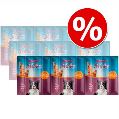 Multipack de snacks Rocco Sticks with poultry, envases con imagen de perro y texto 'Soft & easy to portion'. Símbolo de porcentaje en círculo rojo indicando oferta o descuento.
