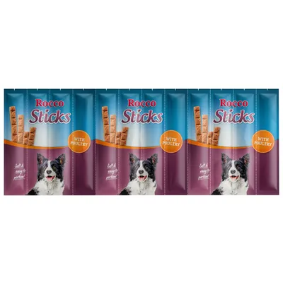 Emballage de friandises pour chien Rocco Sticks, texte visible : 'with poultry', 'soft & easy to portion', photo d’un chien noir et blanc sur chaque sachet.