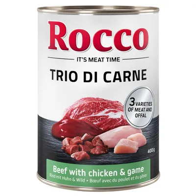 Rocco Trio di Carne, lata de 400g. Ternera con pollo y caza. Tres tipos de carne y despojos.