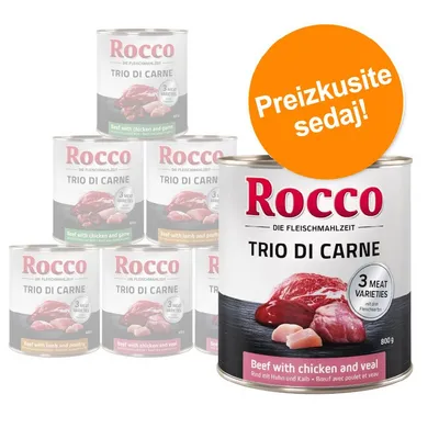 Rocco Trio di Carne, 800 g konzerva. Vidno: Beef with chicken and veal, 3 meat varieties. Oranžni krog z besedilom: Preizkusite sedaj!