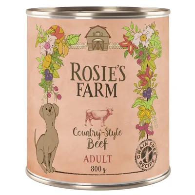 Rosie's Farm Country-Style Beef, Adult, 800 g. Grain free recipe. Illustration with dog, flowers and farm.