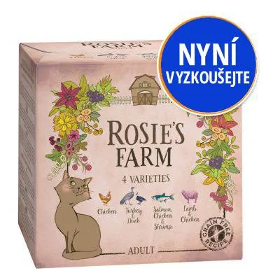 Balení ROSIE'S FARM 4 VARIETIES pro dospělé kočky: Chicken, Turkey & Duck, Salmon Chicken Shrimp, Lamb & Chicken. Modrý kruh s textem NYNÍ VYZKOUŠEJTE.