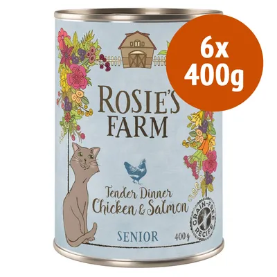 Rosie's Farm Tender Dinner Chicken & Salmon Senior, confezione 6x400g. Testo visibile: grain-free recipe. Immagine di gatto e pollo sulla lattina. Rosie's Farm Tender Dinner Chicken & Salmon Senior, confezione 6x400g. Testo visibile: grain-free recipe. Immagine di gatto e pollo sulla lattina.