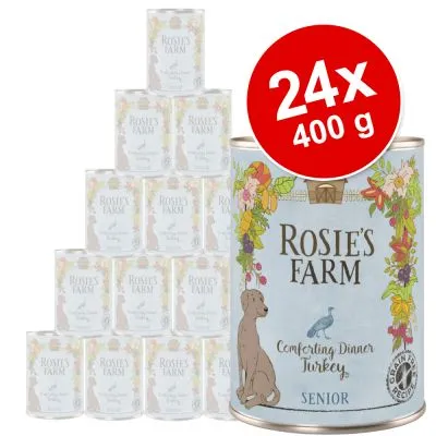 Rosie’s Farm Comforting Dinner Turkey Senior, 24 puszki po 400 g. Widoczna ilustracja psa i indyka na opakowaniu.