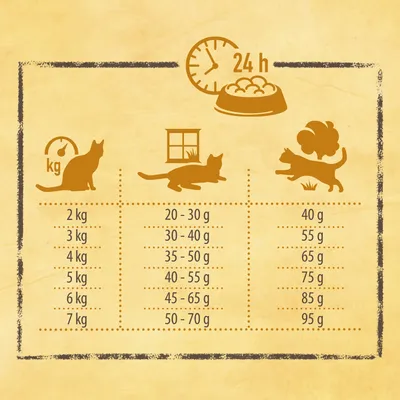 Zalecenia żywieniowe dla kotów: waga 2-7 kg, aktywność niska do wysokiej. Dzienne ilości: 20-95 g w zależności od wagi i aktywności. Symbol okresu karmienia 24 godziny. Zalecenia żywieniowe dla kotów: waga 2-7 kg, aktywność niska do wysokiej. Dzienne ilości: 20-95 g w zależności od wagi i aktywności. Symbol okresu karmienia 24 godziny.