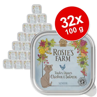 Rosie’s Farm Tender Dinner Chicken & Salmon Senior, 32 x 100 g. Opakowanie z ilustracją kota i kwiatów, napis Grain Free Recipe widoczny na etykiecie.