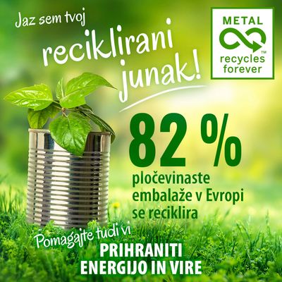 Jaz sem tvoj reciklirani junak! 82 % pločevinaste embalaže v Evropi se reciklira. Pomagajte tudi vi prihraniti energijo in vire. METAL recycles forever.