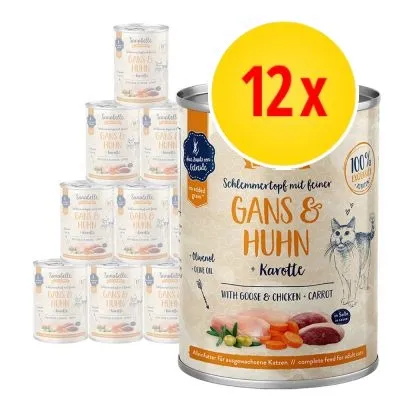 12-pack kattmat Burdeldelle Gans & Huhn Karotte, synlig text: 100 % naturligt, med gås och kyckling, morot, burkbild med ingredienser och kattillustration. 12-pack kattmat Burdeldelle Gans & Huhn Karotte, synlig text: 100 % naturligt, med gås och kyckling, morot, burkbild med ingredienser och kattillustration.