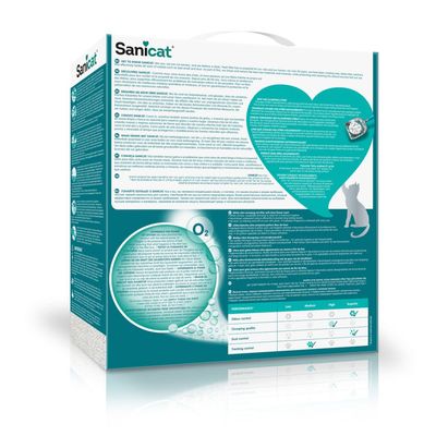 Sanicat stelivo pre mačky, balenie s popisom produktu, O2 čistiaca technológia a tabuľka výkonu: kontrola zápachu, kvalita hrudiek, kontrola prachu, sledovanie.