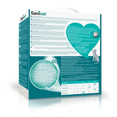 Sanicat stelivo pre mačky, balenie s popisom produktu, O2 čistiaca technológia a tabuľka výkonu: kontrola zápachu, kvalita hrudiek, kontrola prachu, sledovanie.