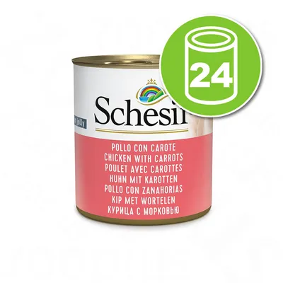 Schesir Poulet avec carottes, boîte en gelée. Texte multilingue visible sur l’emballage. Icône verte indiquant 24 boîtes.