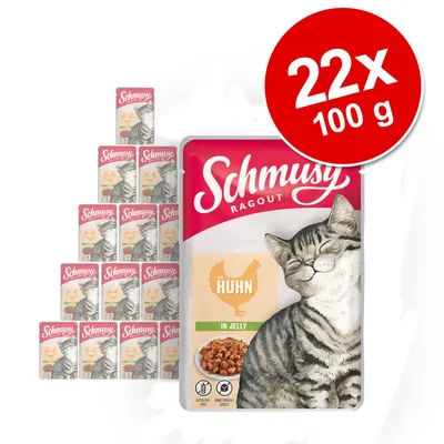 Schmusy Ragout mit Huhn in Jelly, 22 x 100 g. Opakowanie z wizerunkiem kota i miski karmy. Widoczne symbole: bez zbóż, bez dodatku cukru.