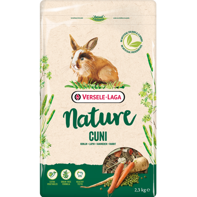 Versele-Laga Nature Cuni Kaninruoka, 2,3 kg. Lisätty vihanneksia, viljaton koostumus, terveet hampaat. Ei keinotekoisia väriaineita tai säilöntäaineita.