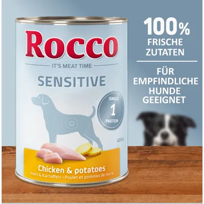 Rocco Sensitive Chicken & potatoes, 400 g. Texte en allemand : 100% frische Zutaten, für empfindliche Hunde geeignet. Single 1 protein. Poulet et pommes de terre visibles sur l’étiquette.