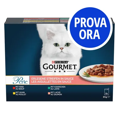 Purina Gourmet Perle, selezione in salsa con manzo, pollo, coniglio e salmone. Confezione da 8x85g. Testo visibile: PROVA ORA. Purina Gourmet Perle, selezione in salsa con manzo, pollo, coniglio e salmone. Confezione da 8x85g. Testo visibile: PROVA ORA.